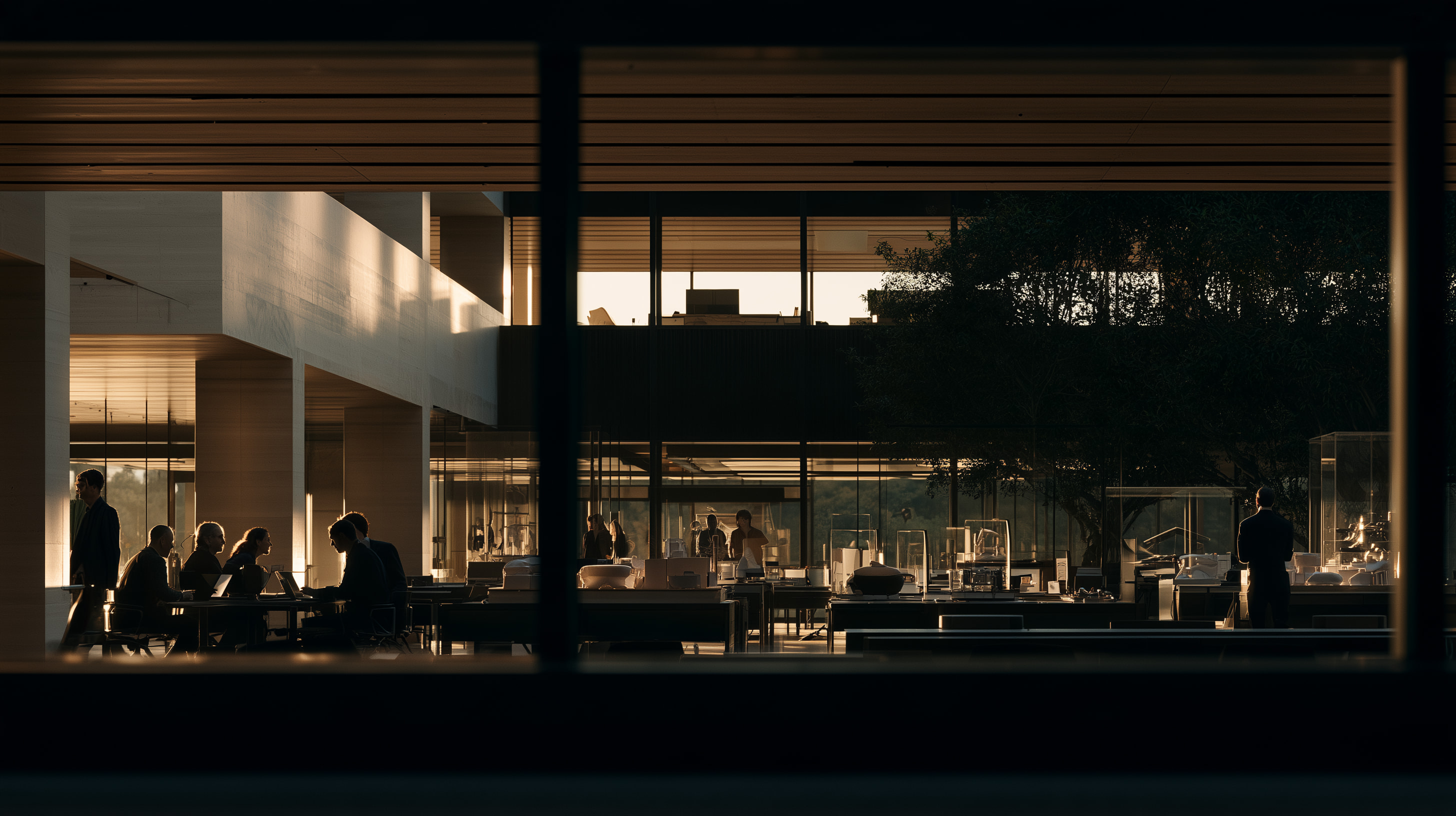 Open-plan studio seen through glazing at dusk, people at desks and a tree beyond