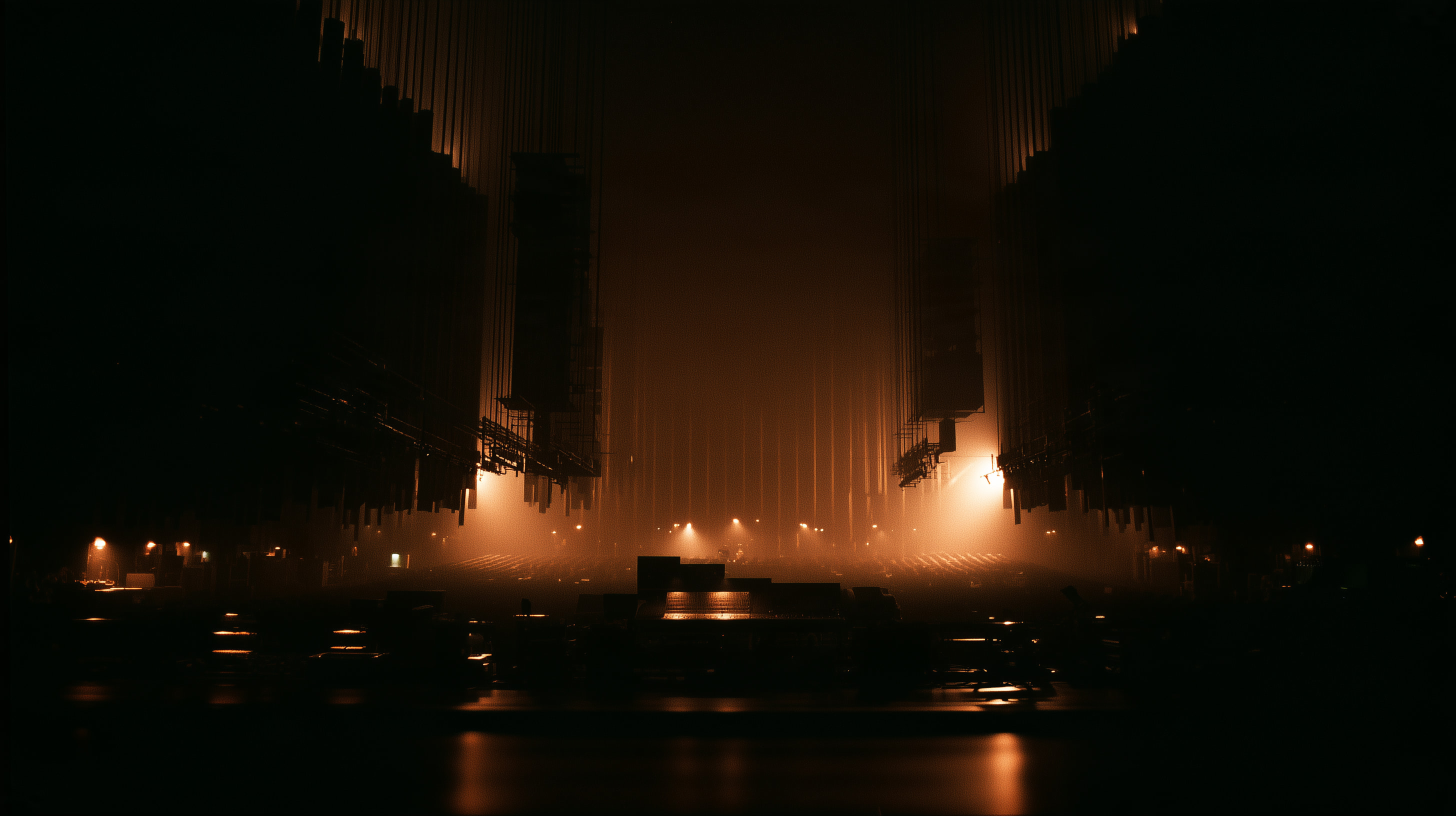 Dark hall of hanging rigging above a stage, lit by orange haze