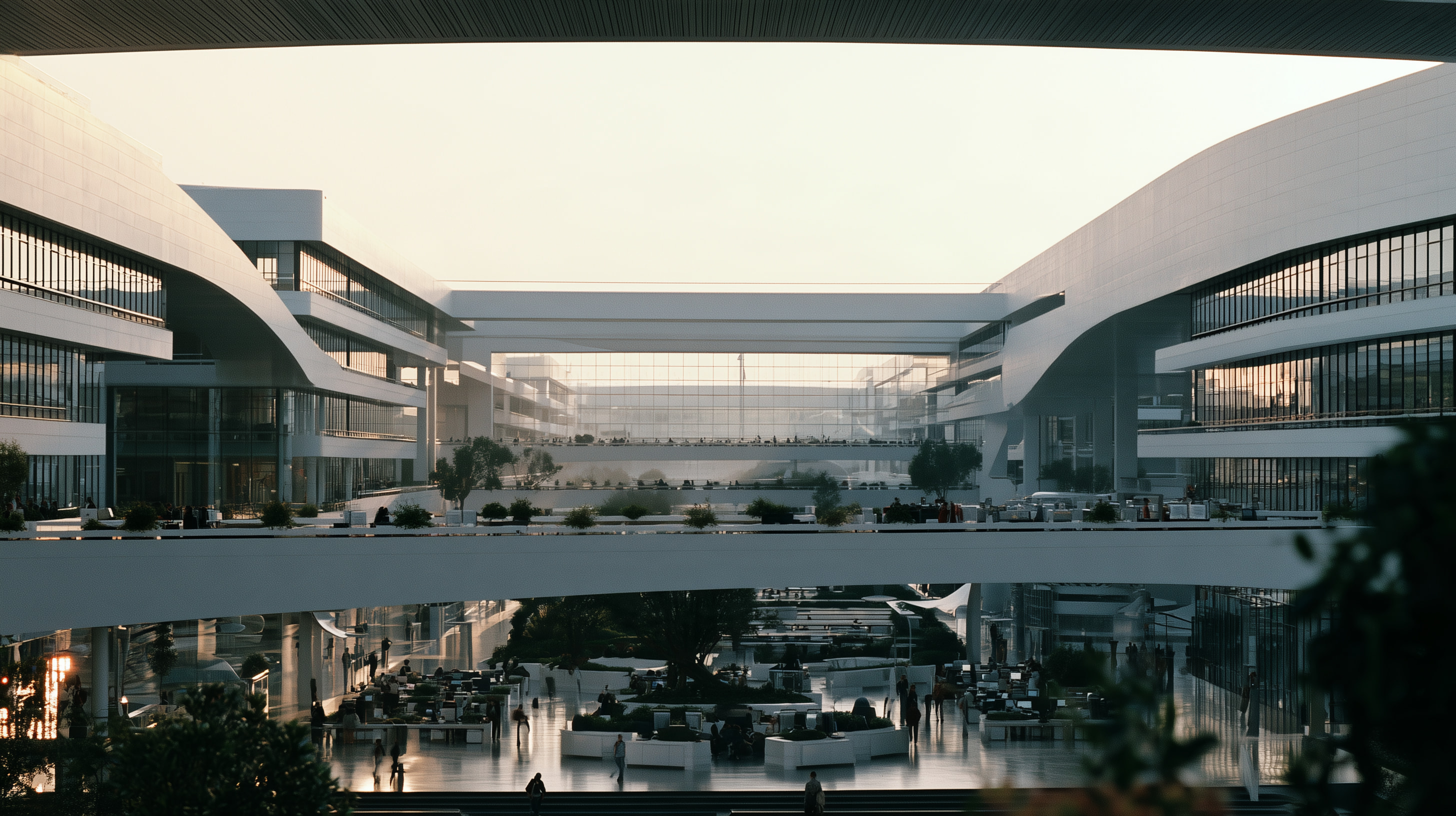 Courtyard of a white campus under a cantilevered roof, glazing catching the evening light