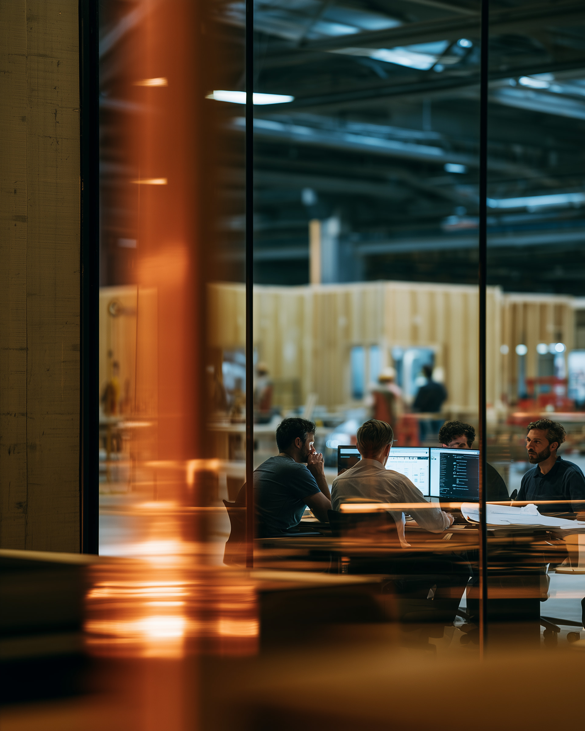 Four people at monitors in a site office behind orange-tinted glass, a timber-framed build beyond