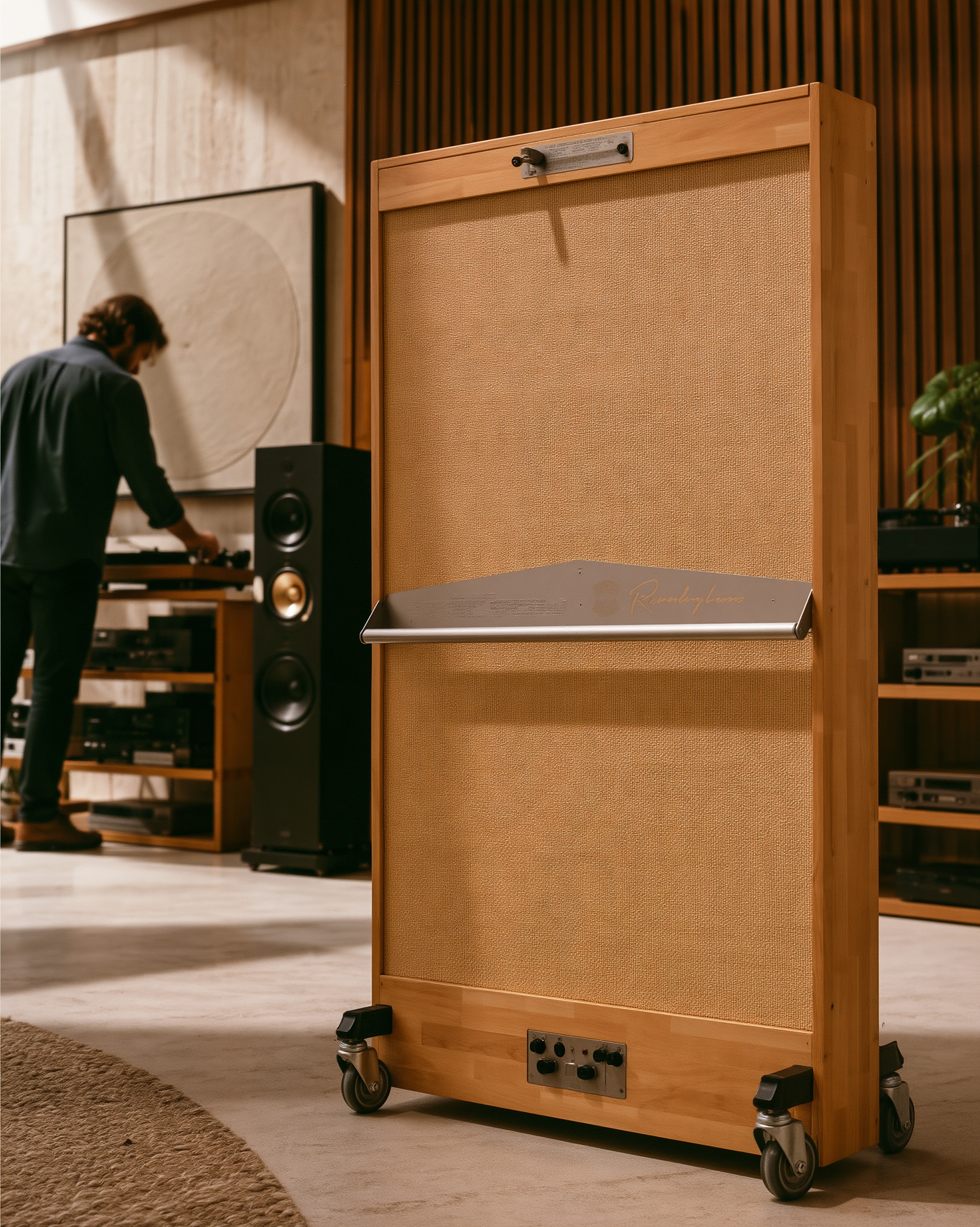 A tall timber-framed Reverbophone on castors in a listening room, a man at a turntable behind it